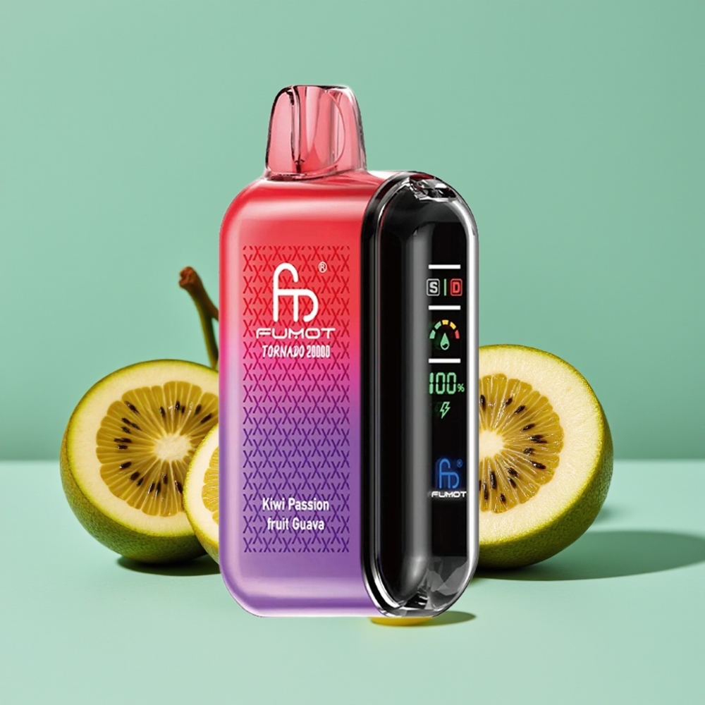 Fumot Tornado 20000 Puff Çift Mesh Coil 20ml Şarj Edilebilir Akıllı Ekran Kivi Çarkıfelek Guava