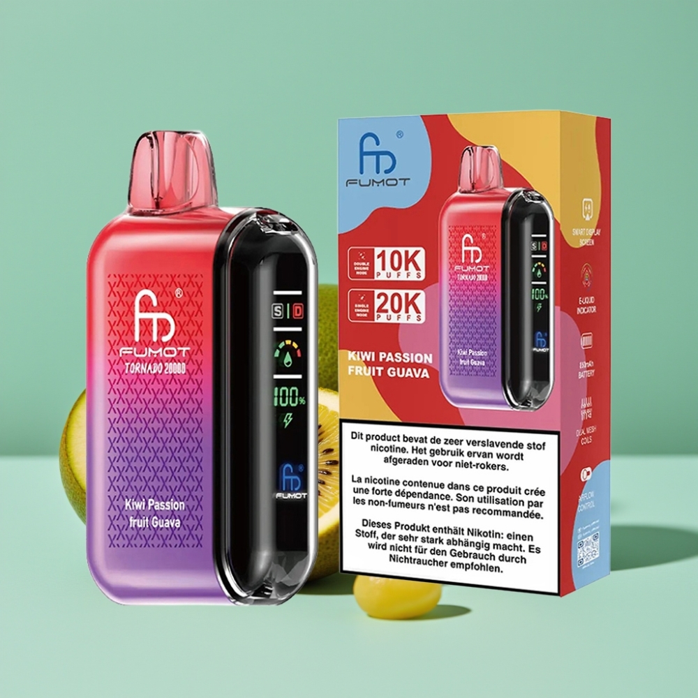 Fumot Tornado 20000 Puff Çift Mesh Coil 20ml Şarj Edilebilir Akıllı Ekran Kivi Çarkıfelek Guava