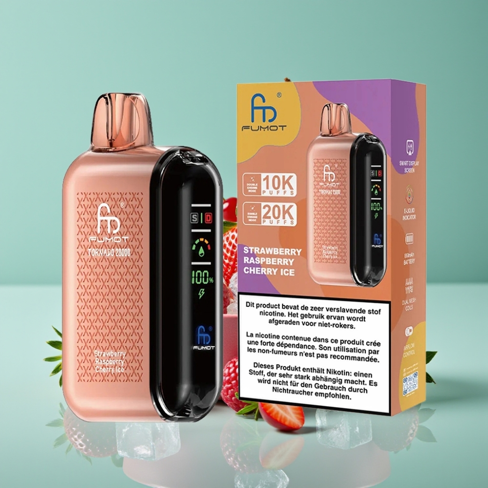 Fumot Tornado 20000 Puffs Çilek Ahududu Kiraz Buz Dual Mesh Coil Akıllı Ekran