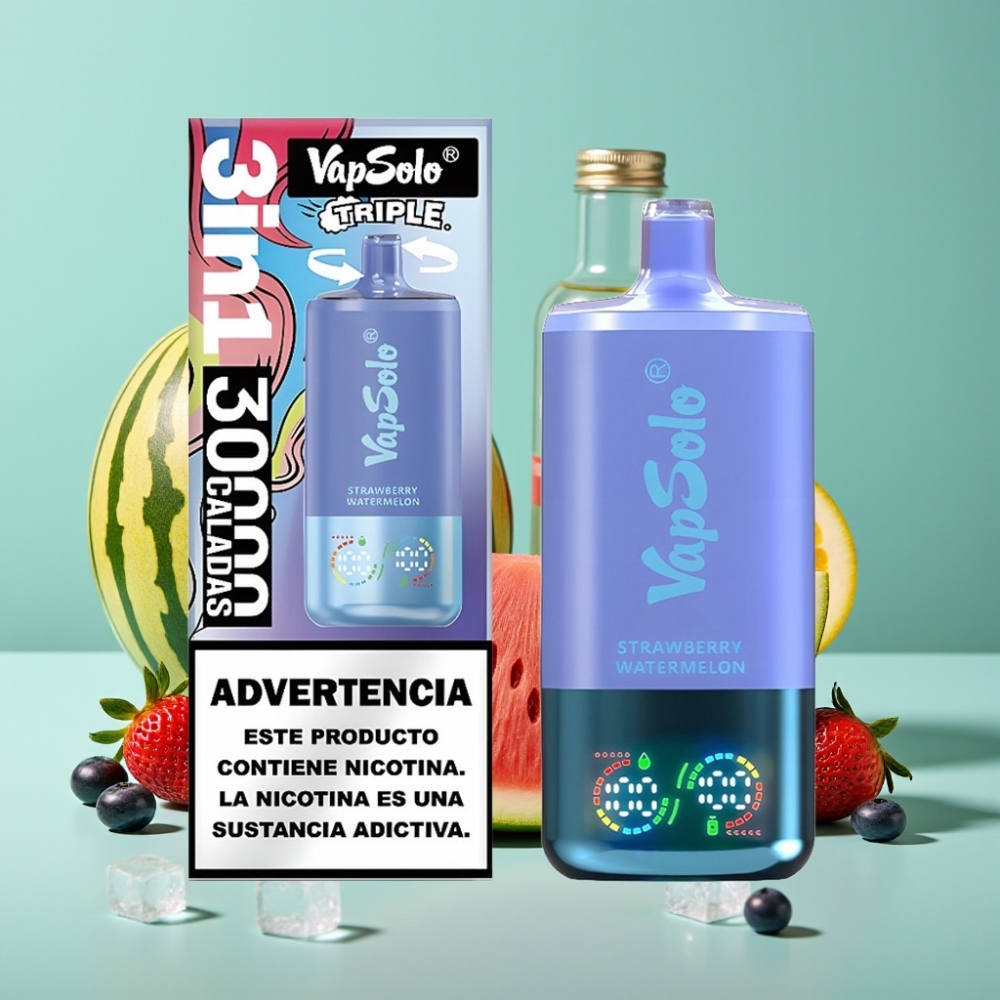 VapSolo Triple 30000 Puff Çilek Karpuz & Yaban Mersini Buz 40ml Tip-C Şarj