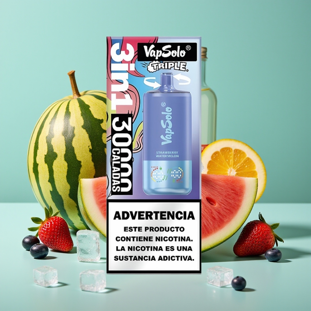 VapSolo Triple 30000 Puff Çilek Karpuz & Yaban Mersini Buz 40ml Tip-C Şarj