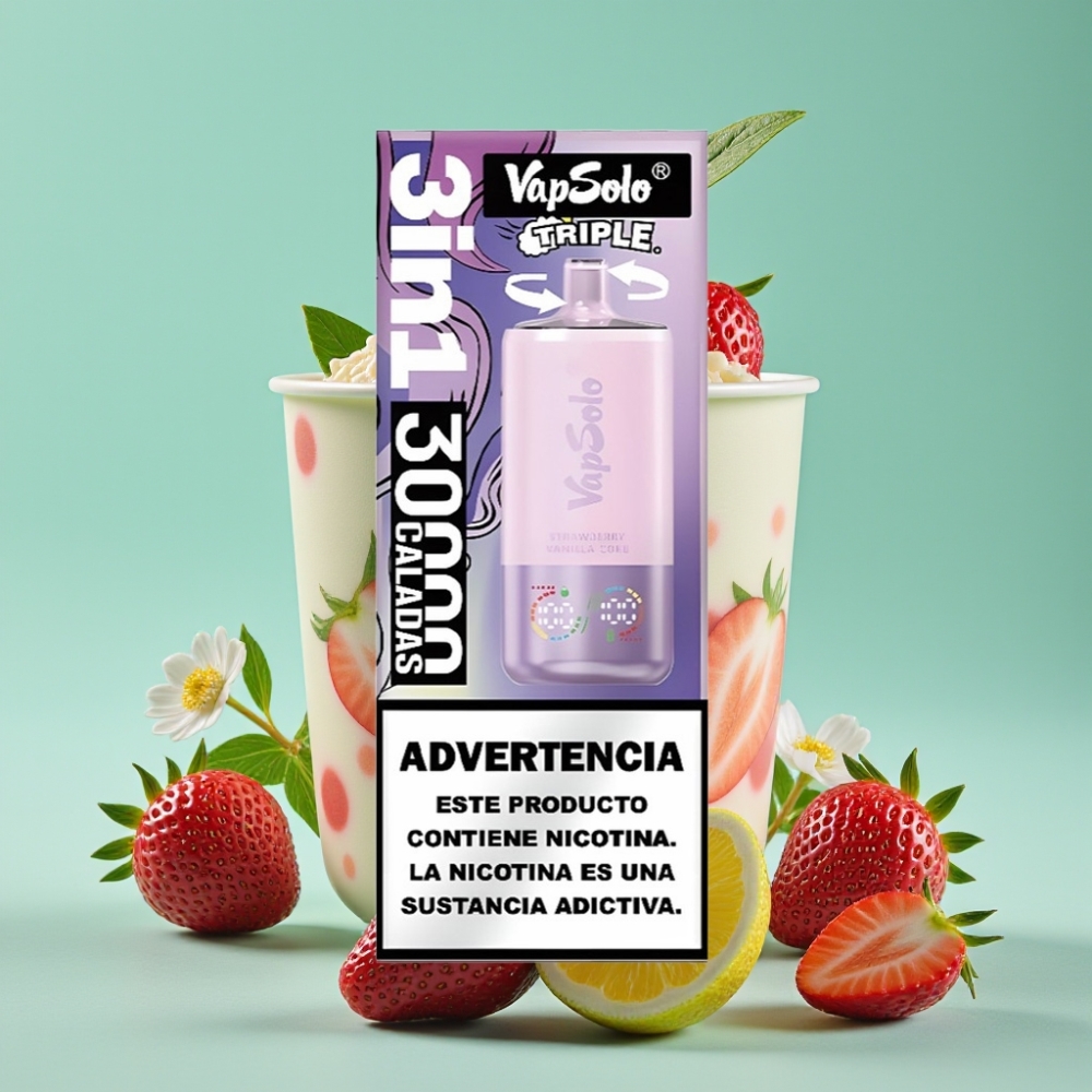 VapSolo Triple 30000 Puff Çilek Vanilya Kolalı 40ml 3 Tank Type-C