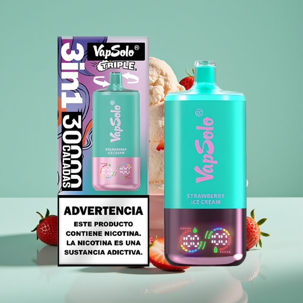 VapSolo Triple 30000 Puff Çilekli Dondurma Aromalı 40ml Type-C Şarj
