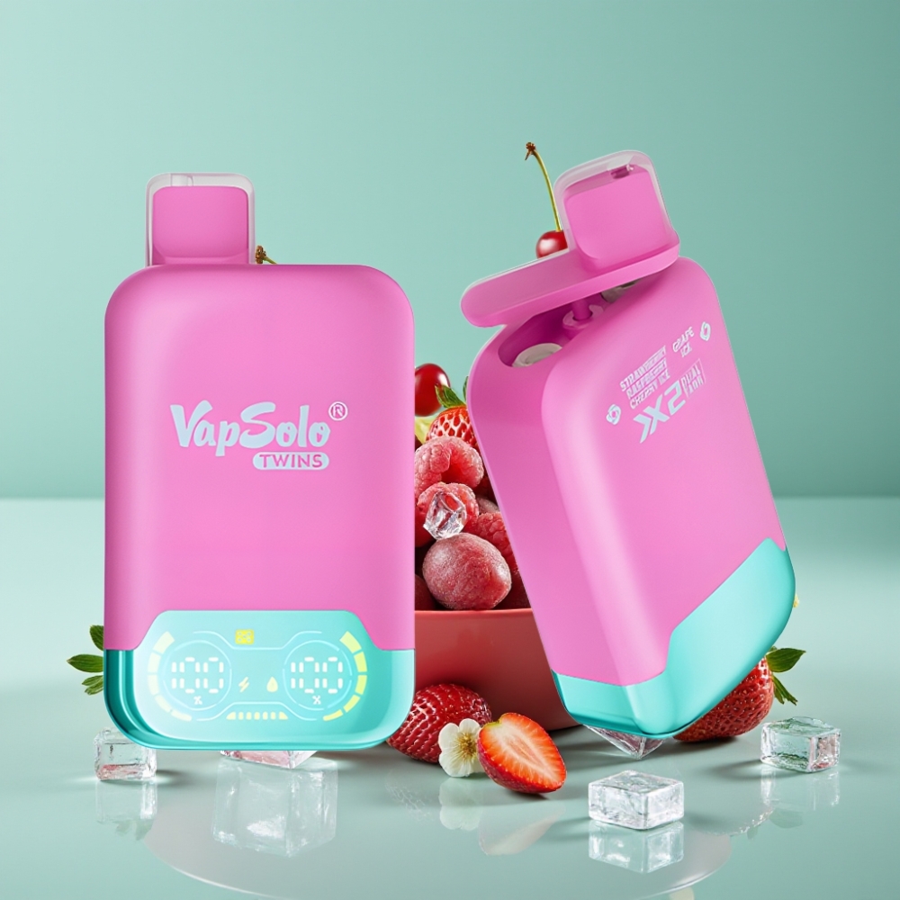 Vapsolo Twins 20000 Puff Çilek Ahududu Kiraz Buz & Üzüm Buz Aromalı Çift Tanklı Type-C Şarjlı