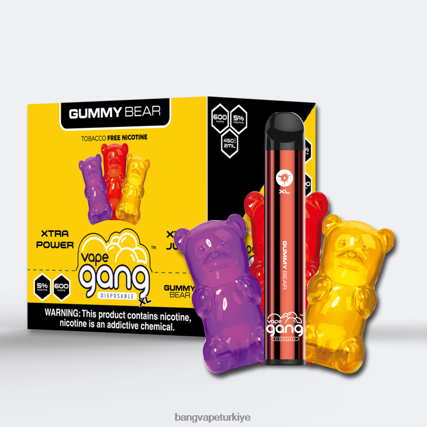 Bang Vape Flavors - Vape Gang XL tek kullanımlık elektronik sigaralar 600 puf (10'lu kutu) sakızlı ayı R4228Z64
